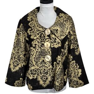 3 Sisters Brocade Damask Swing Jacket Blazer Size M Black Gold Linen Blend Retro